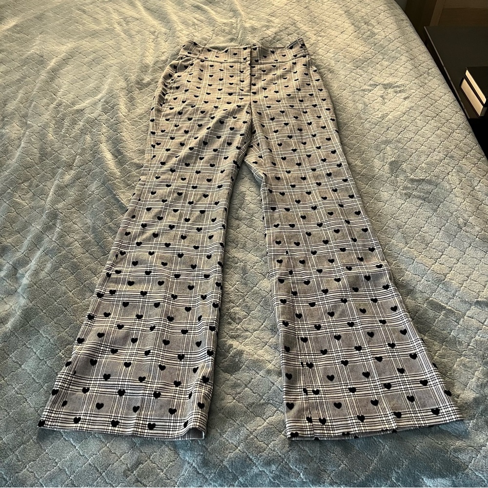 Halogen x Atlantic-Pacific Heart Plaid Wide Leg Pants Black White Size 8